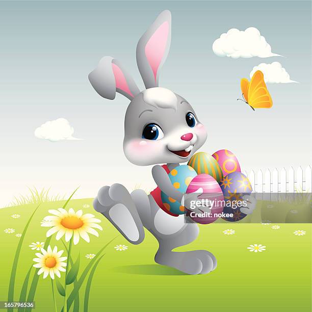 ilustraciones, imágenes clip art, dibujos animados e iconos de stock de conejito de pascua con huevos - easter bunny