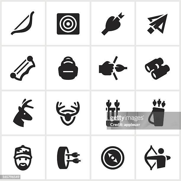 black bow hunting icons - bow arrow stock illustrations