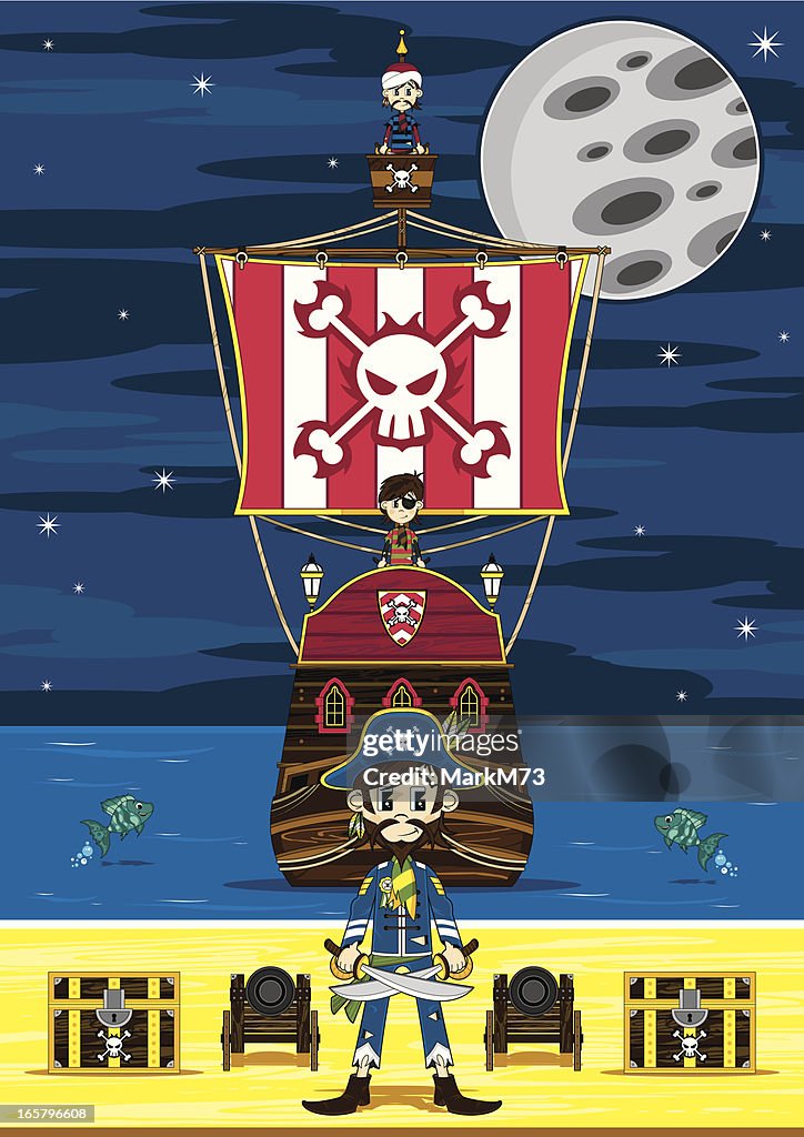 Cute Pirate Captain and Ship Beach Scene