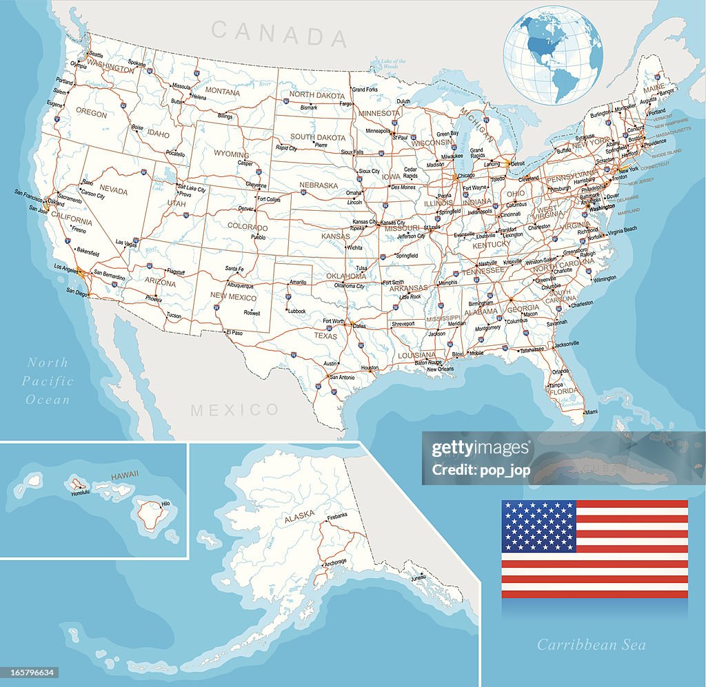 Ilustração vetorial de EUA mapa de estrada, em camadas