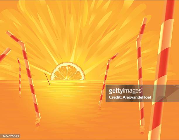 orange fruit sunset with drinking straws - orange juice stock illustrations
