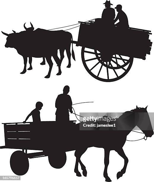 horse &amp; ox with cart - horsedrawn stock illustrations