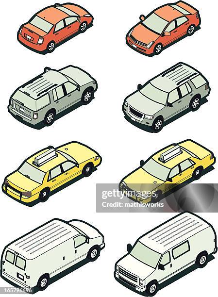 stock isometric vehicles, front and back - compact car stock illustrations