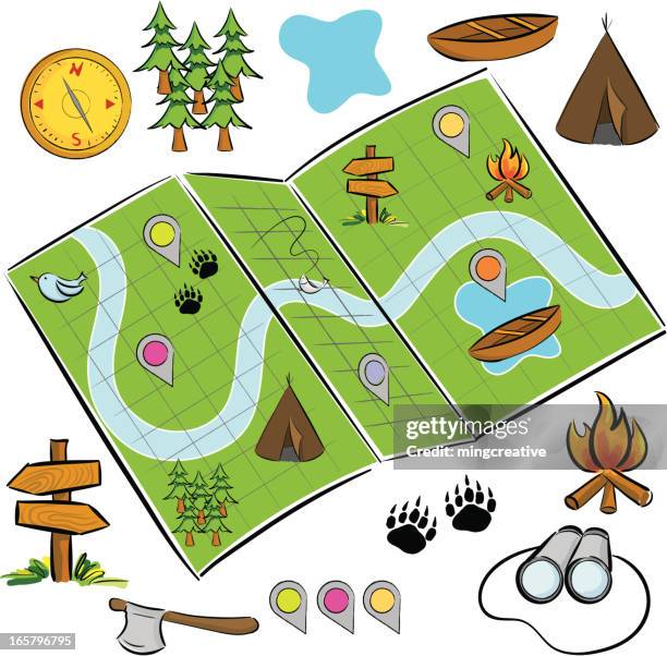 summer camping map icon set - teepee campfire stock illustrations