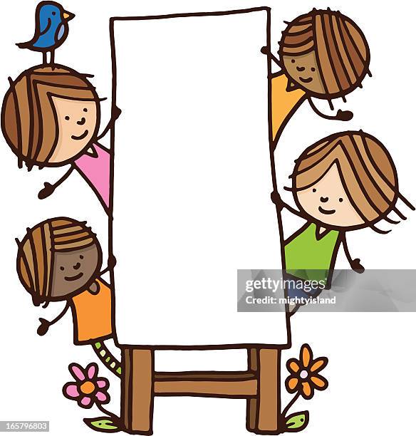 kids stood round a copyspace frame - family with young adults diversity stock illustrations