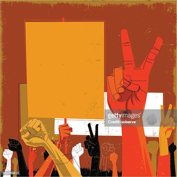 bildbanksillustrationer, clip art samt tecknat material och ikoner med an orange and red toned drawing of hands protesting - fredssymbol koncept