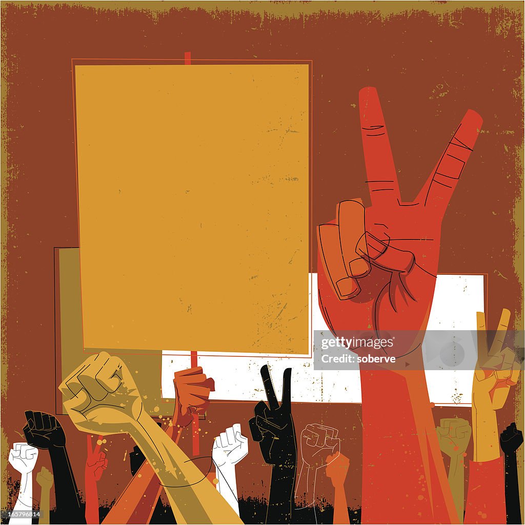 An orange and red toned drawing of hands protesting
