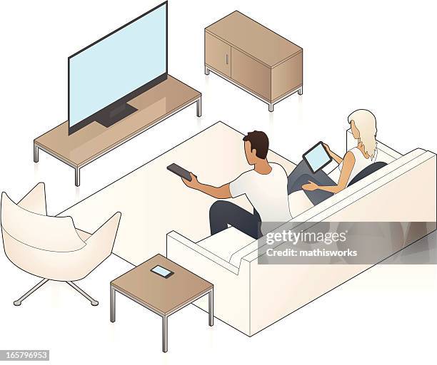 paar vor dem fernseher - flat screen stock-grafiken, -clipart, -cartoons und -symbole