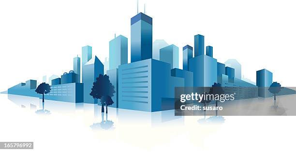 blue downtown city clip art - horizon urbain stock illustrations