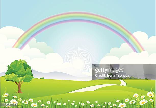 ilustraciones, imágenes clip art, dibujos animados e iconos de stock de rainbow paisaje de - landscap with rainbow