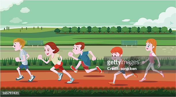 illustrazioni stock, clip art, cartoni animati e icone di tendenza di bambini piccoli in esecuzione in fuori porta - jogging