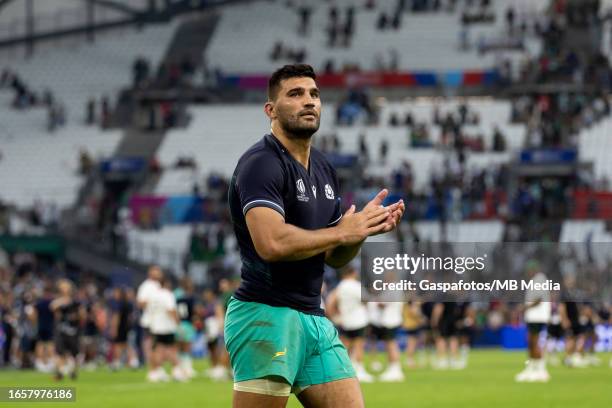 Damian De Allende of South Africa waves the fans after their sides victory during the Rugby World Cup France 2023 match between South Africa and...