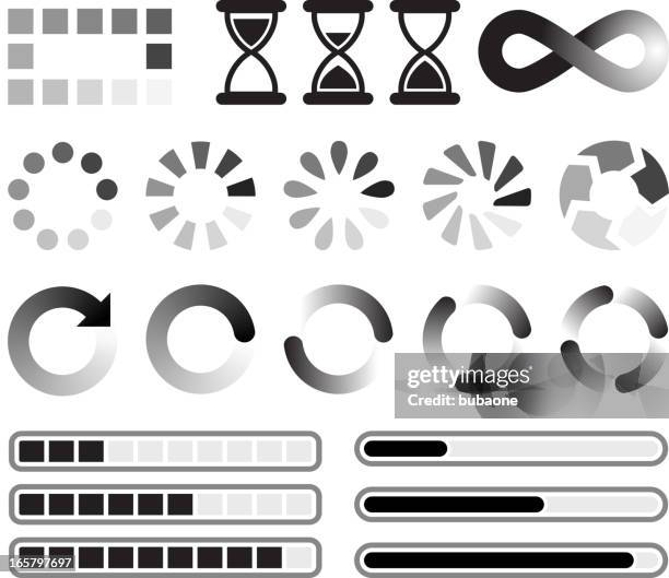 ilustraciones, imágenes clip art, dibujos animados e iconos de stock de preloader de carga y descarga de iconos de vector negro conjunto & blanco - current-status-icon