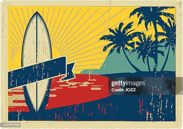 ilustrações, clipart, desenhos animados e ícones de cartão postal vintage de prancha - hawaii islands