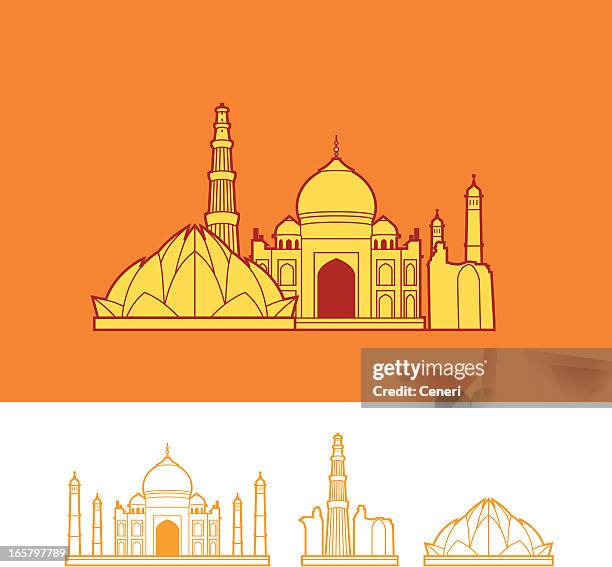 skyline of india - qutab minar stock illustrations