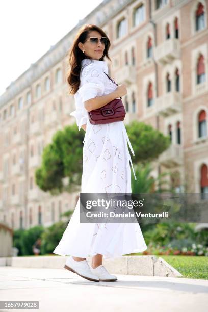 Caterina Murino is seen arriving at the 80th Venice International Film Festival 2023 on September 03, 2023 in Venice, Italy.