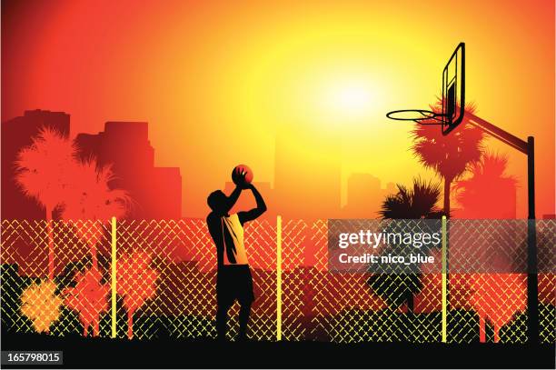 practicing free throws - sunset road stock illustrations