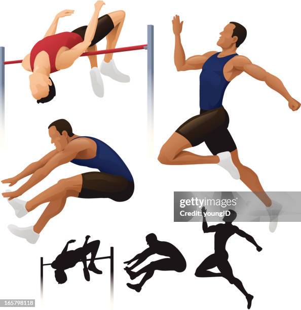 stockillustraties, clipart, cartoons en iconen met long & high jump. - verspringen
