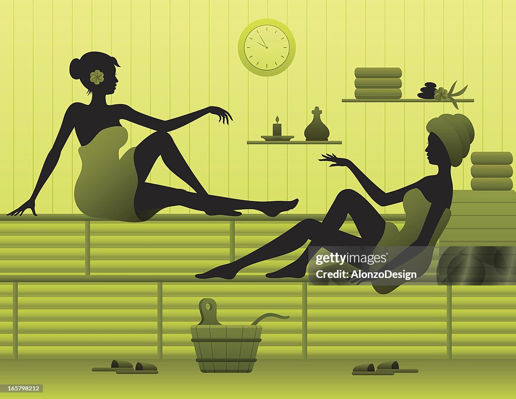 Women relaxing in sauna