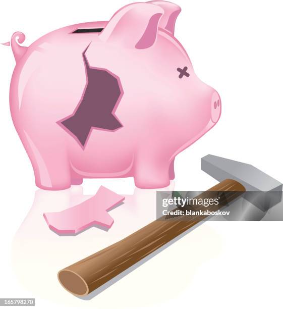 stockillustraties, clipart, cartoons en iconen met broken piggy bank - hamer