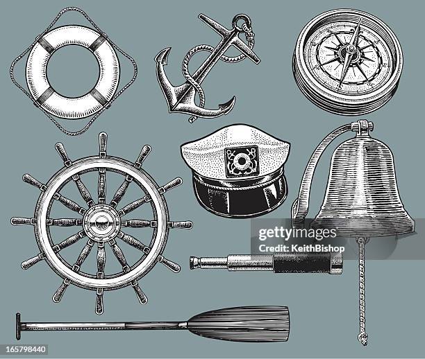 stockillustraties, clipart, cartoons en iconen met ship equipment - anchor, life preserver, compass - handtelescoop