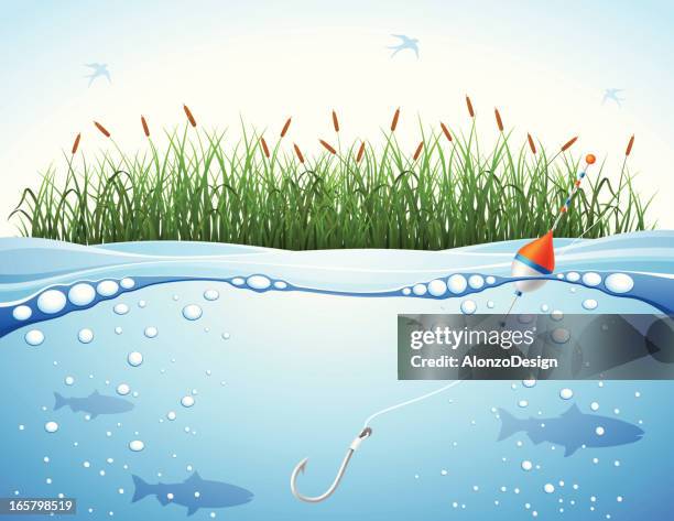 ilustraciones, imágenes clip art, dibujos animados e iconos de stock de fondo de pesca - lago