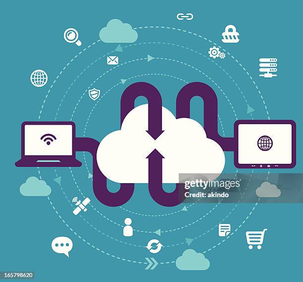 cloud computing concept - magnifying glass laptop stock illustrations