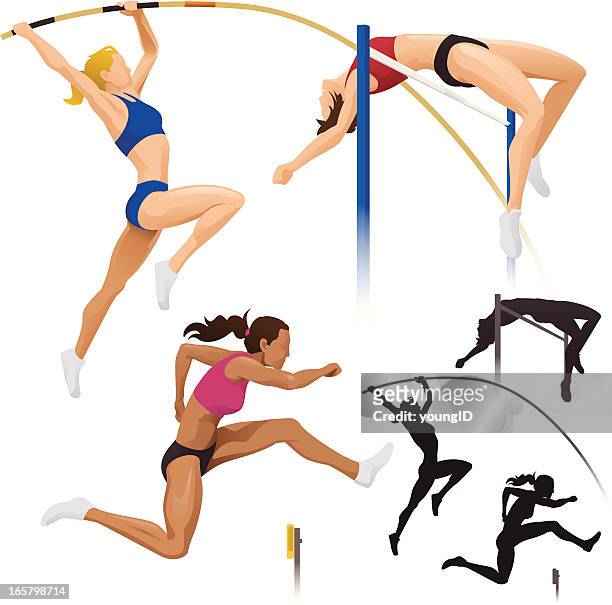ilustraciones, imágenes clip art, dibujos animados e iconos de stock de salto con pértiga, salto de altura & obstáculos - hurdling track event