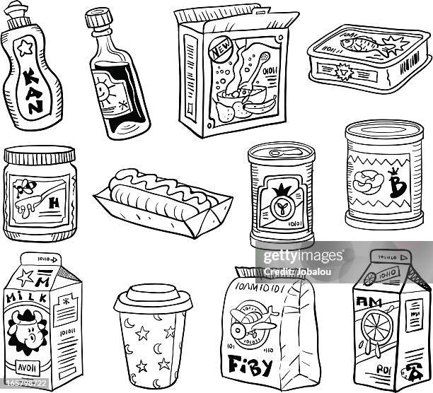 comic set kitchen packaging - milk bottle drawing stock illustrations