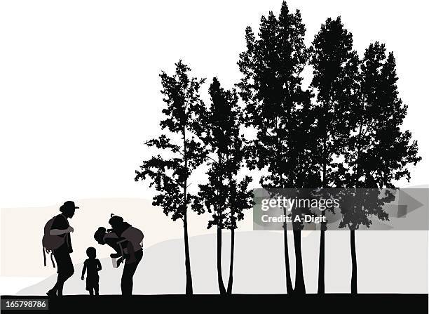 family' trees vector silhouette - family hiking stock illustrations