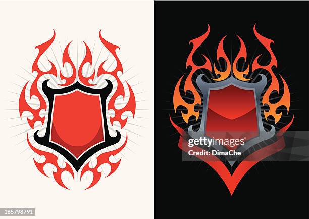 shield in fire - medieval frame stock illustrations