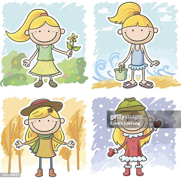 little girl in four season - face snow stock illustrations