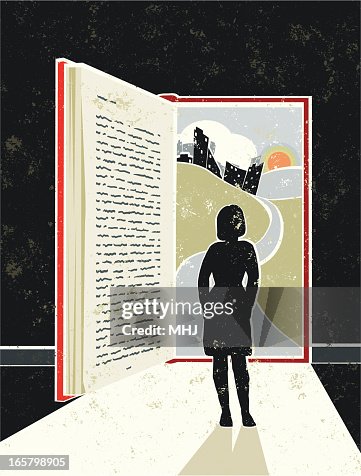 Woman Reading Book showing Cityscape, suggesting an Open Doorway Woman Reading Book showing Cityscape, suggesting an Open Doorway