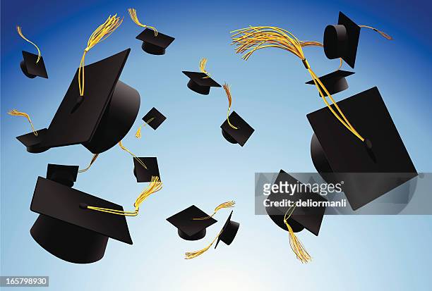 graduation caps thrown in the air - 四方帽 幅插畫檔、美工圖案、卡通�及圖標