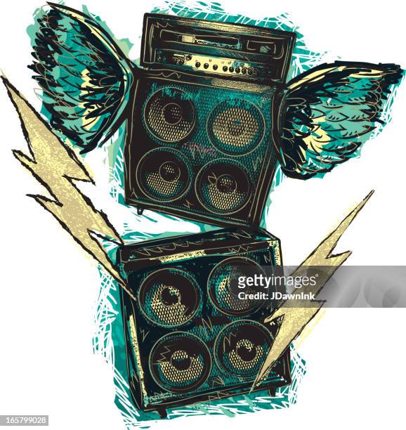 stockillustraties, clipart, cartoons en iconen met rock n' roll stacked amplifiers with wings and bolts - versterker