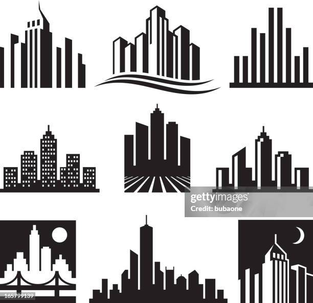 ilustraciones, imágenes clip art, dibujos animados e iconos de stock de edificios de la ciudad en blanco y negro & vector logo icono de conjunto - rascacielo