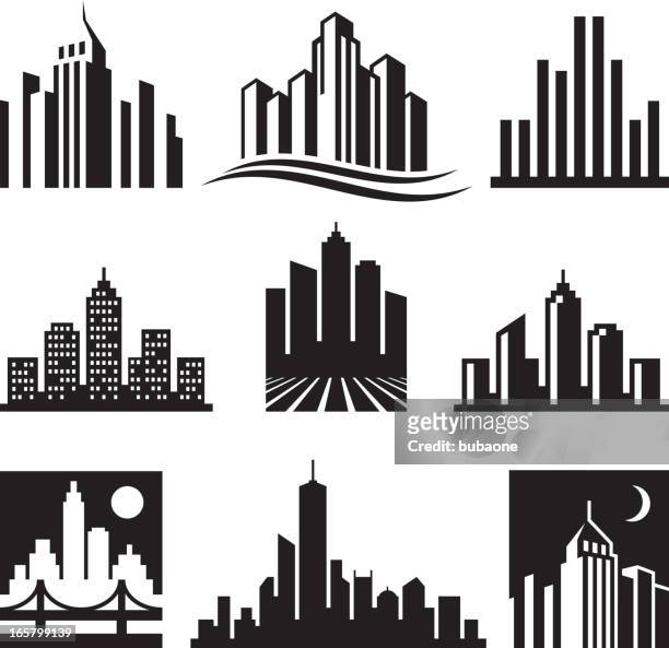 illustrazioni stock, clip art, cartoni animati e icone di tendenza di città edifici logo nero & bianco icona vettoriale impostato - new york città