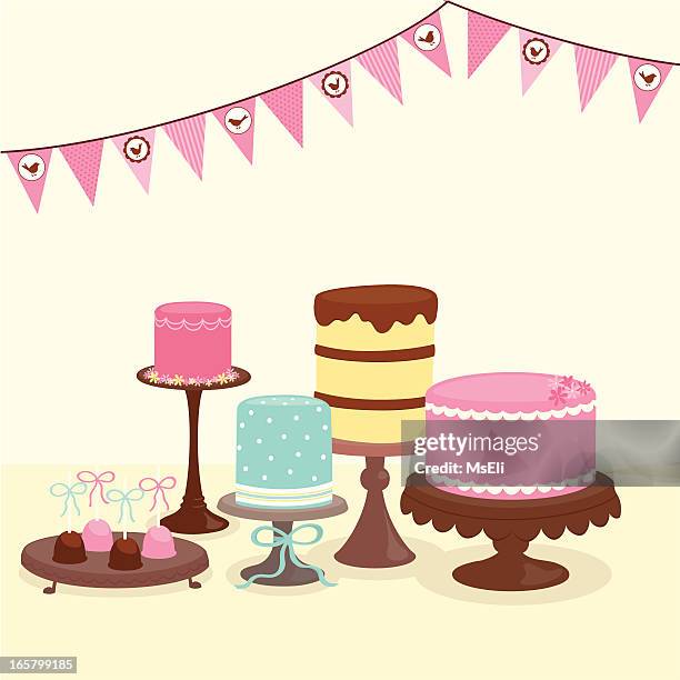party cakes with bunting - cakestand stock illustrations