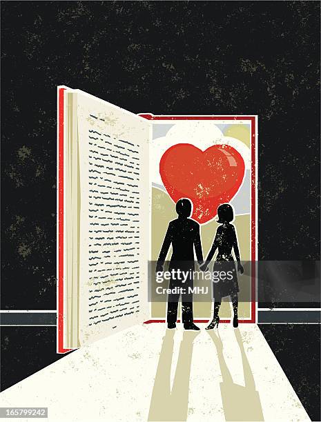 stockillustraties, clipart, cartoons en iconen met man and woman looking at a love story book - deurkozijn