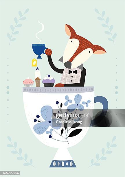 ein fox nachmittagstee - afternoon tea stock-grafiken, -clipart, -cartoons und -symbole