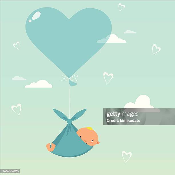 baby hanging in a sling from a blue heart balloon - babies only stock illustrations