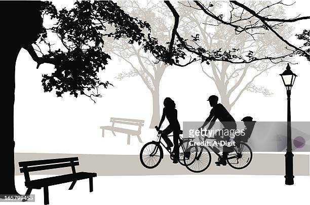 stockillustraties, clipart, cartoons en iconen met cycling'n park vector silhouette - family cycling