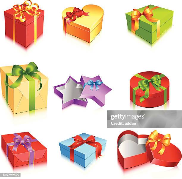 gift boxes, bows and ribbons - open present top view stock illustrations