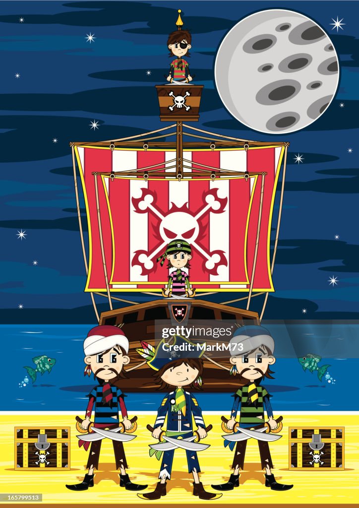 Cute Pirates and Ship Beach Scene
