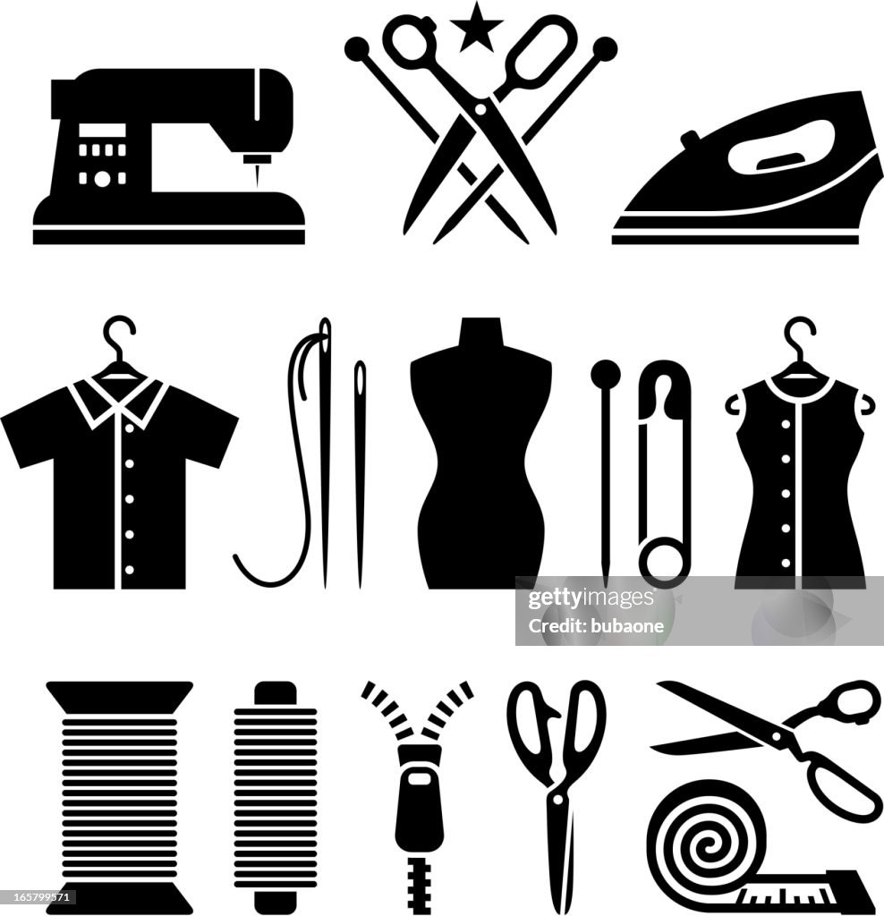Tailor and garment industry black & white vector icon set