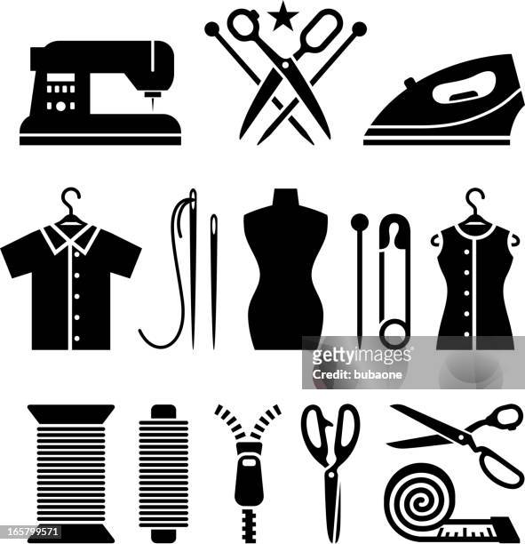 tailor and garment industry black & white vector icon set - textile machine stock illustrations