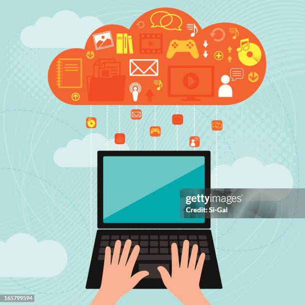laptop computer and cloud computing - hands game controller stock illustrations