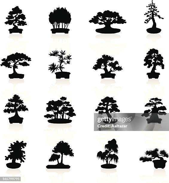 black symbols - bonsai trees - japanese ikebana stock illustrations
