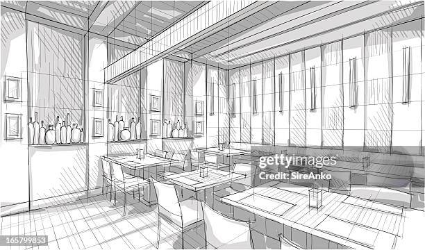 artists pencil rendering of small restaurant dining area - cafe interior stock illustrations