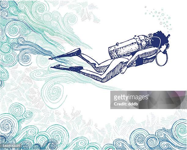 scuba diver doodle - undersea stock illustrations